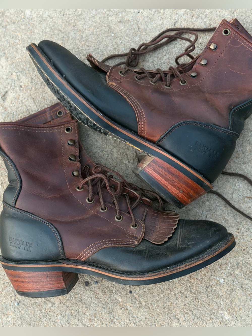 Santa Fe Boot Co Vintage Leather Packer Boots Two-Tone Brown Black Kiltie Size 9